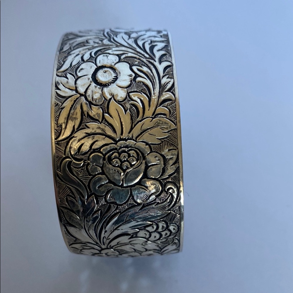 Floral Engraved Silver Cuff Bracelet